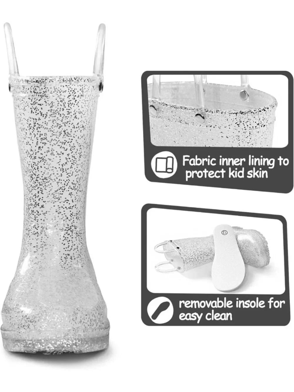 Glitter Waterproof Girls' Rain Boots with Easy-On Handles for Kids